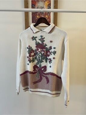 Russ Cream Knit Sweater with Rose Bouquet and Mauve Bow